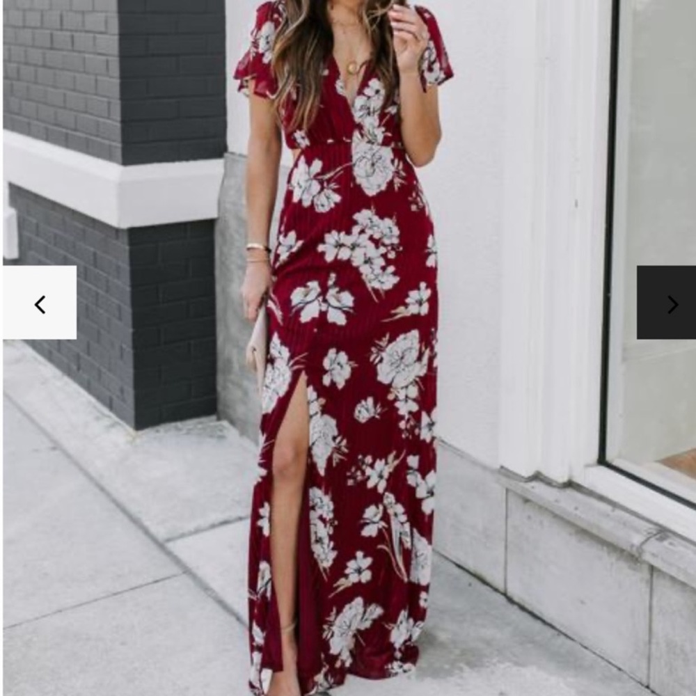 VICI- Floral Metallic Maxi Dress with Side Slit